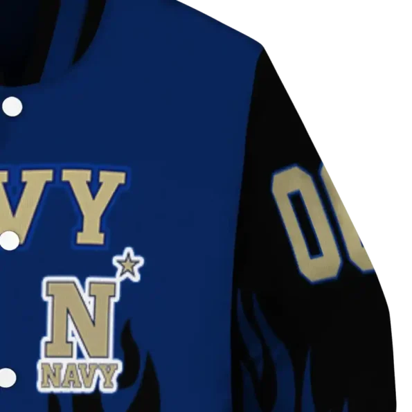 customized navy midshipmen flame border blue black varsity jacket premium grade.webp