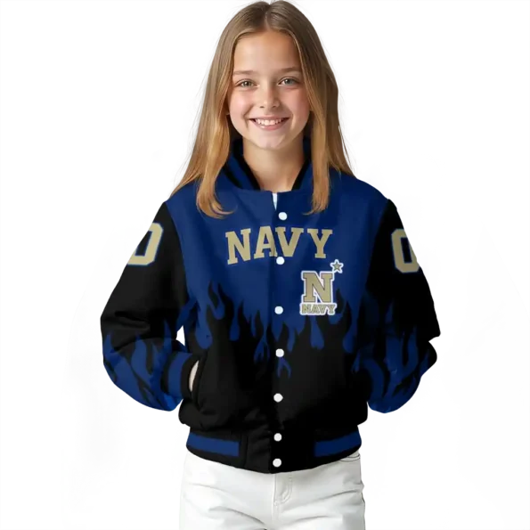 customized navy midshipmen flame border blue black varsity jacket top rated.webp
