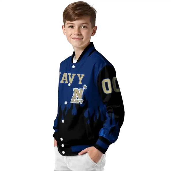 customized navy midshipmen flame border blue black varsity jacket trendy.webp