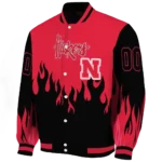 customized nebraska cornhuskers flame border red black varsity jacket best selling.webp