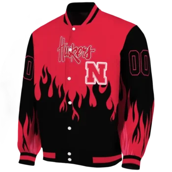 customized nebraska cornhuskers flame border red black varsity jacket best selling.webp
