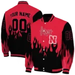 customized nebraska cornhuskers flame border red black varsity jacket best selling.webp