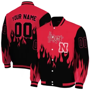 customized nebraska cornhuskers flame border red black varsity jacket fashion forward.webp