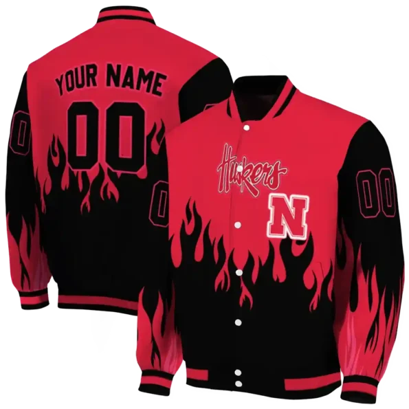 customized nebraska cornhuskers flame border red black varsity jacket fashion forward.webp