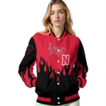 customized nebraska cornhuskers flame border red black varsity jacket best selling.webp