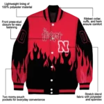 customized nebraska cornhuskers flame border red black varsity jacket best selling.webp