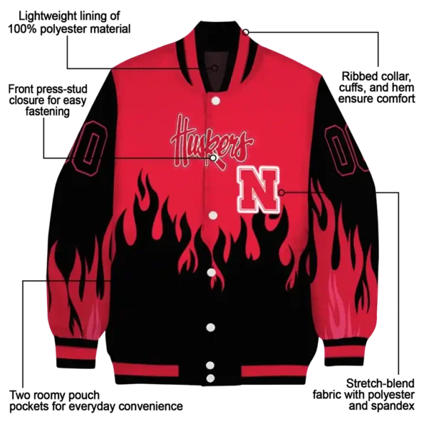 customized nebraska cornhuskers flame border red black varsity jacket new arrival.webp