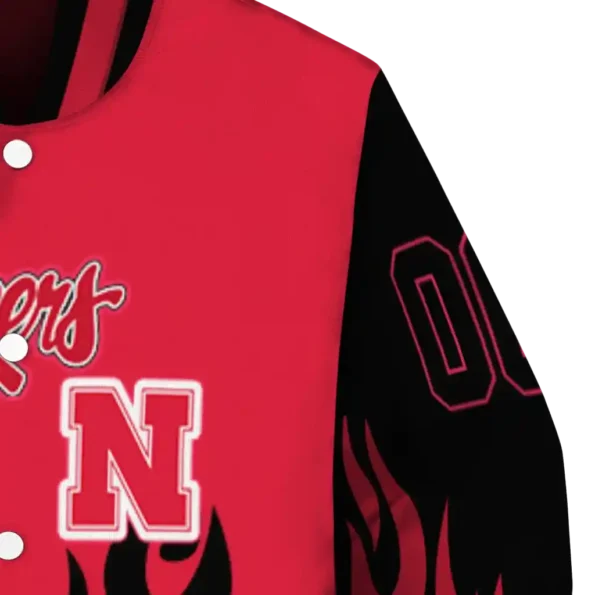 customized nebraska cornhuskers flame border red black varsity jacket premium grade.webp