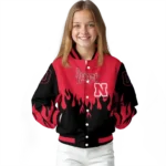 customized nebraska cornhuskers flame border red black varsity jacket best selling.webp