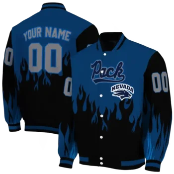 customized nevada wolf pack flame border blue black varsity jacket fashion forward.webp