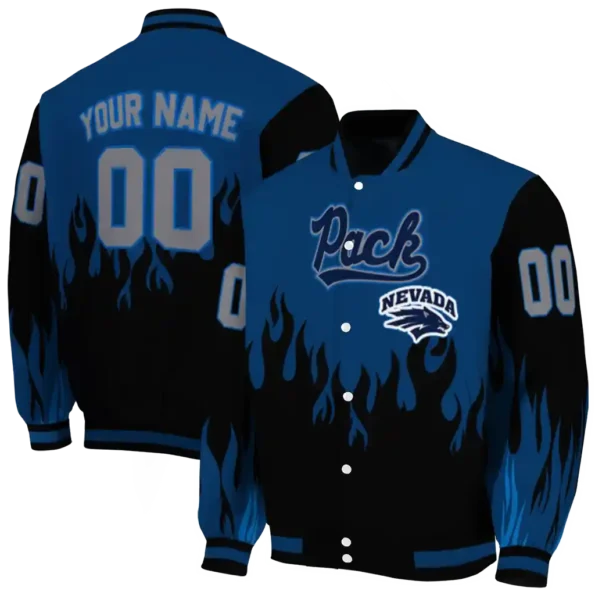 customized nevada wolf pack flame border blue black varsity jacket fashion forward.webp