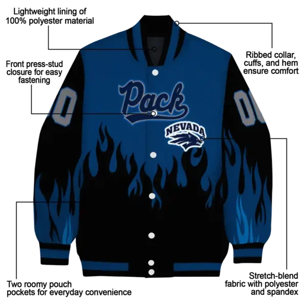 customized nevada wolf pack flame border blue black varsity jacket new arrival.webp