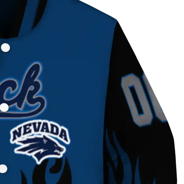 customized nevada wolf pack flame border blue black varsity jacket premium grade.webp