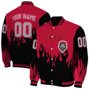 customized new mexico lobos flame border red black varsity jacket fashion forward.webp