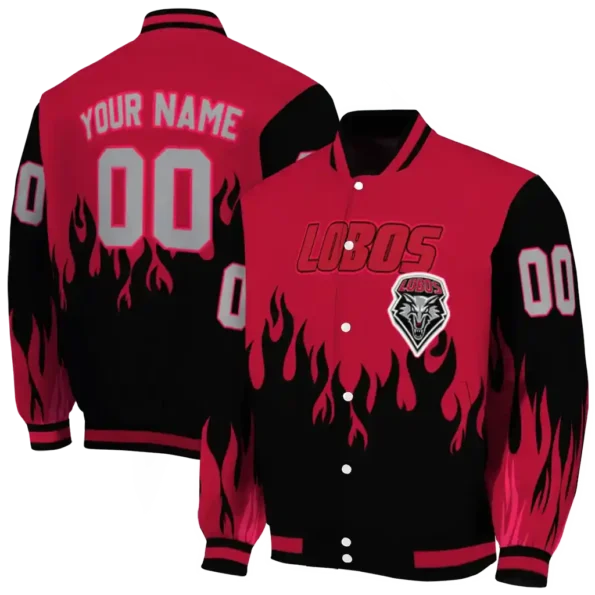 customized new mexico lobos flame border red black varsity jacket fashion forward.webp