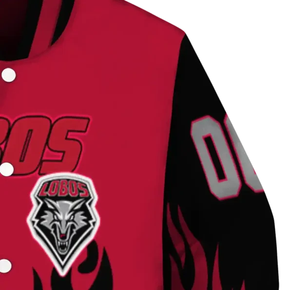 customized new mexico lobos flame border red black varsity jacket premium grade.webp