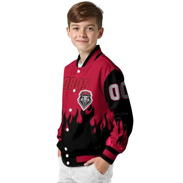 customized new mexico lobos flame border red black varsity jacket trendy.webp