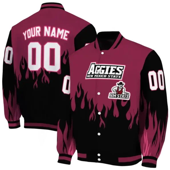 customized new mexico state aggies flame border crimson black varsity jacket fashion forward.webp