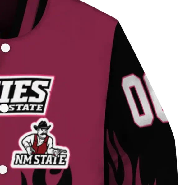 customized new mexico state aggies flame border crimson black varsity jacket premium grade.webp