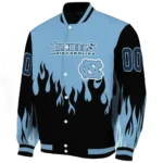 customized north carolina tar heels flame border light blue black varsity jacket best selling.webp