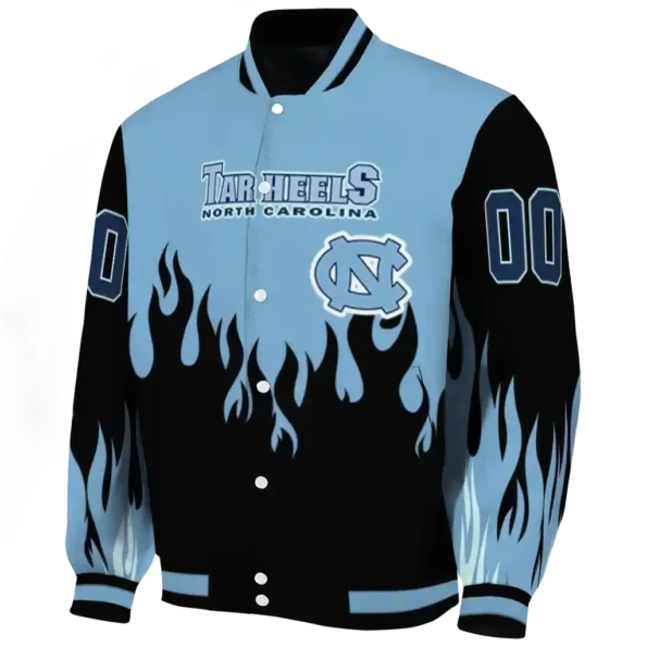 customized north carolina tar heels flame border light blue black varsity jacket best selling.webp