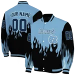 customized north carolina tar heels flame border light blue black varsity jacket best selling.webp