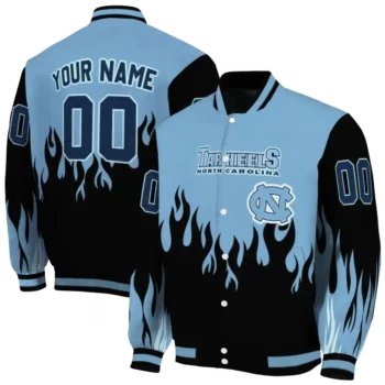 customized north carolina tar heels flame border light blue black varsity jacket fashion forward.webp