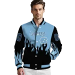 customized north carolina tar heels flame border light blue black varsity jacket best selling.webp