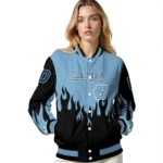 customized north carolina tar heels flame border light blue black varsity jacket best selling.webp