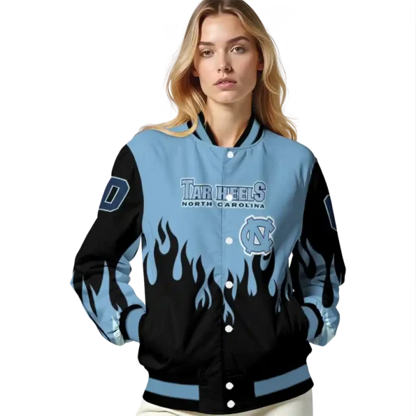 customized north carolina tar heels flame border light blue black varsity jacket latest model.webp
