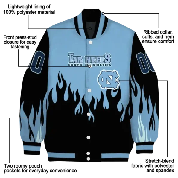 customized north carolina tar heels flame border light blue black varsity jacket new arrival.webp