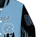 customized north carolina tar heels flame border light blue black varsity jacket best selling.webp