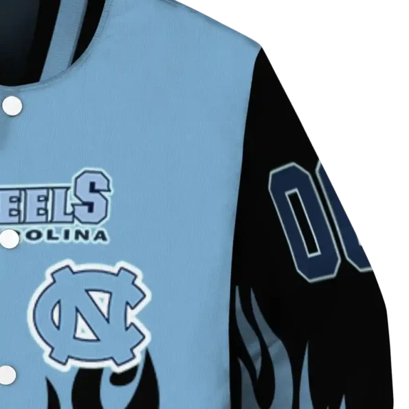 customized north carolina tar heels flame border light blue black varsity jacket premium grade.webp