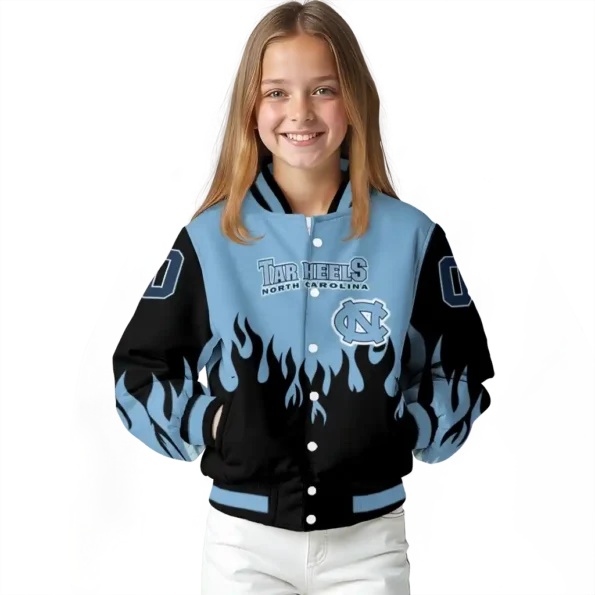 customized north carolina tar heels flame border light blue black varsity jacket top rated.webp