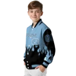 customized north carolina tar heels flame border light blue black varsity jacket best selling.webp
