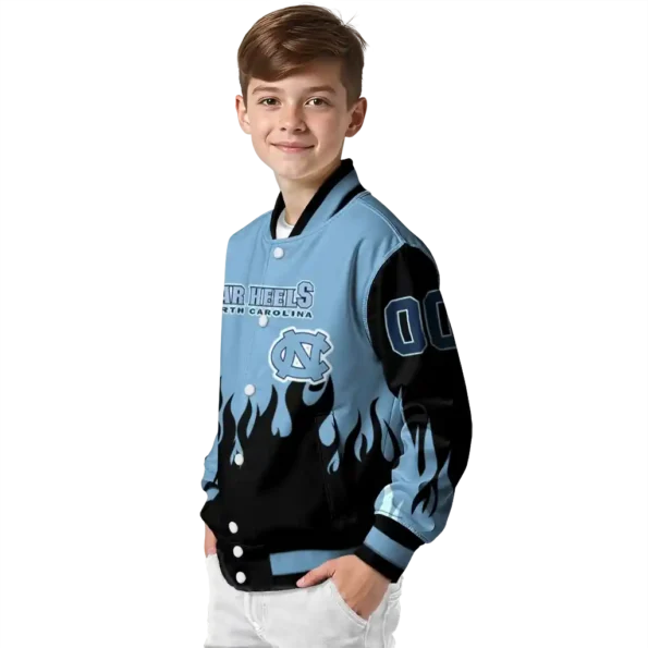 customized north carolina tar heels flame border light blue black varsity jacket trendy.webp