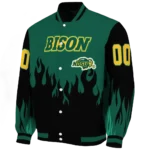 customized north dakota state bison flame border green black varsity jacket best selling.webp
