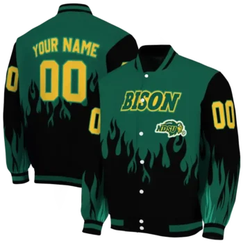 customized north dakota state bison flame border green black varsity jacket fashion forward.webp