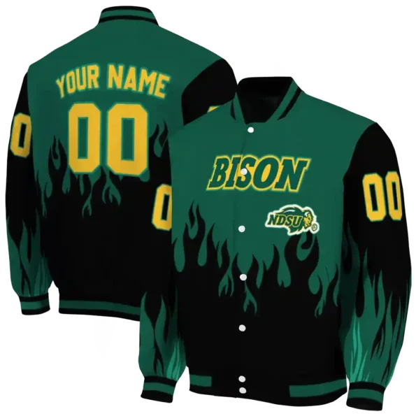 customized north dakota state bison flame border green black varsity jacket fashion forward.webp