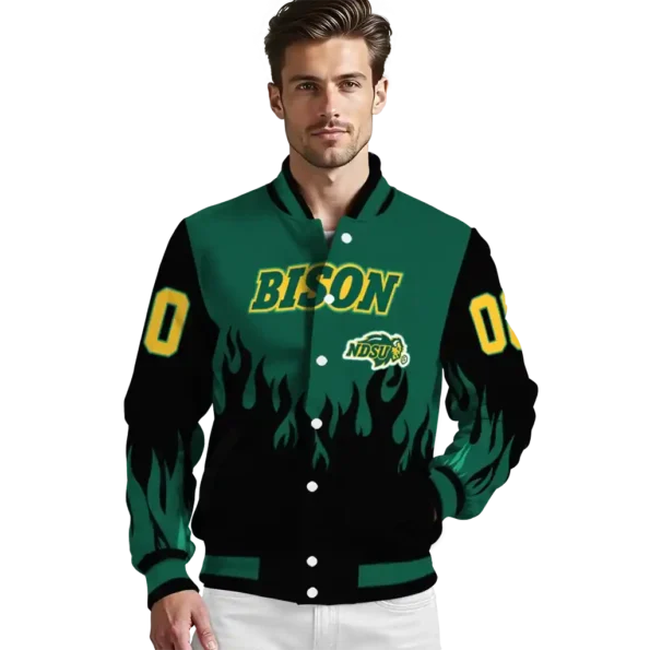 customized north dakota state bison flame border green black varsity jacket high quality.webp