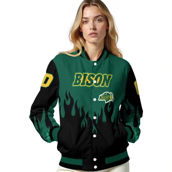 customized north dakota state bison flame border green black varsity jacket latest model.webp