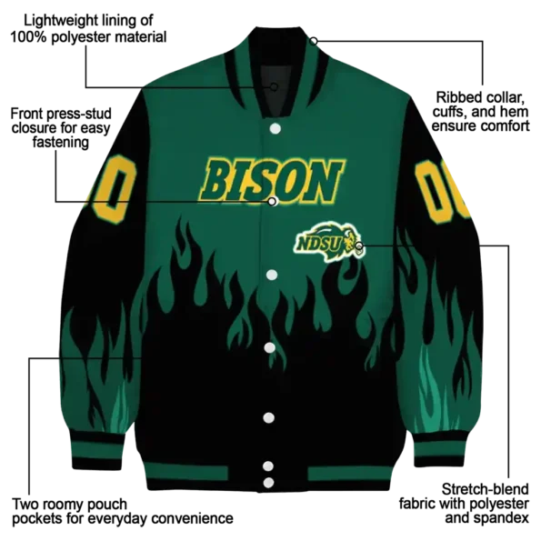 customized north dakota state bison flame border green black varsity jacket new arrival.webp