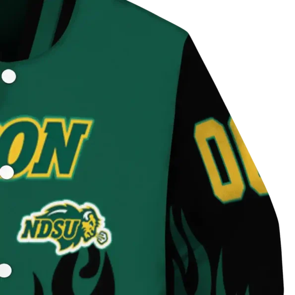 customized north dakota state bison flame border green black varsity jacket premium grade.webp