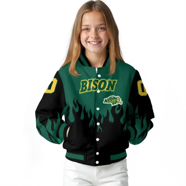 customized north dakota state bison flame border green black varsity jacket top rated.webp