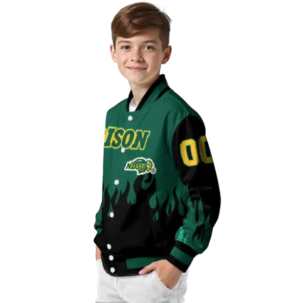 customized north dakota state bison flame border green black varsity jacket trendy.webp