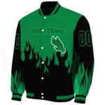 customized north texas mean green flame border green black varsity jacket best selling.webp