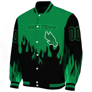 customized north texas mean green flame border green black varsity jacket best selling.webp
