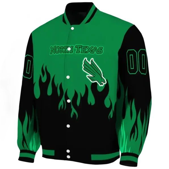 customized north texas mean green flame border green black varsity jacket best selling.webp