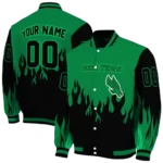 customized north texas mean green flame border green black varsity jacket best selling.webp