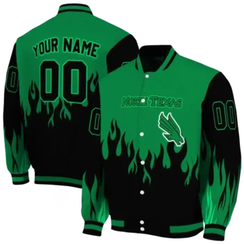 customized north texas mean green flame border green black varsity jacket fashion forward.webp